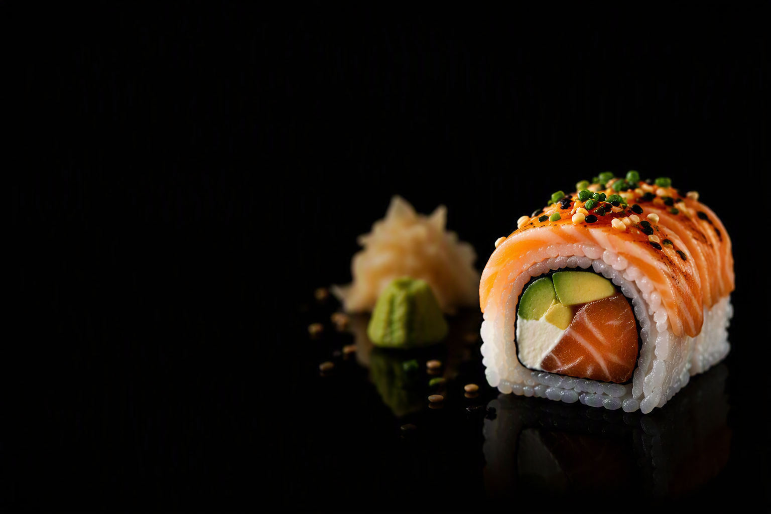 Uramaki di salmone con avocado su fondo nero